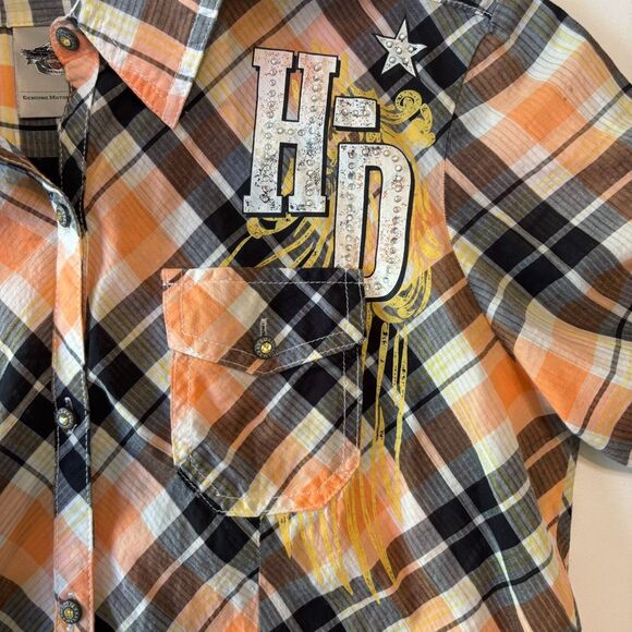 Harley Davidson Button Up Shirt Womens M Orange Plaid Rhinestone Angel Back Logo - Picture 12 of 16